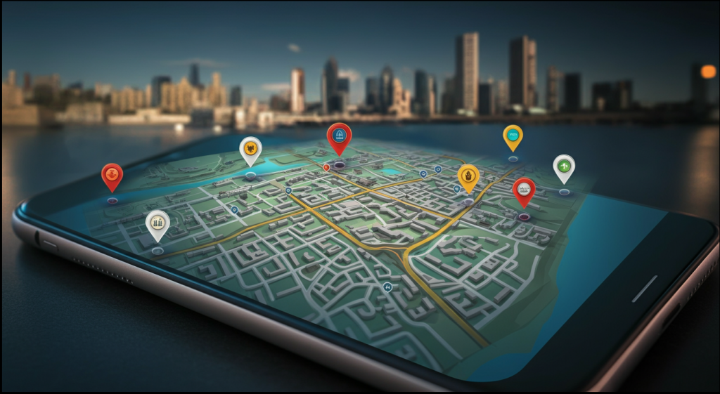 Vision of Experiential Marketing Future: smartphone displaying an augmented reality city map with colourful location markers representing immersive brand experiences. The city skyline in the background highlights AI-powered marketing solutions connecting the physical and digital worlds.