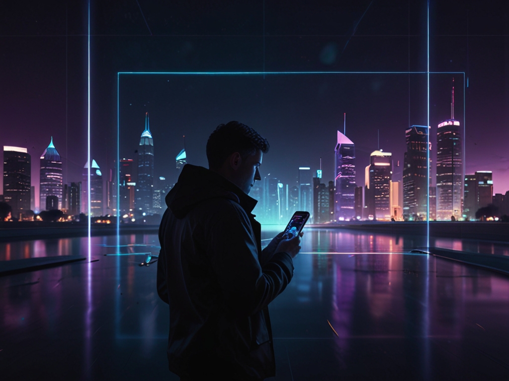 Futuristic city background with person using a smartphone, representing AI marketing, gamified engagement, and immersive brand storytelling.