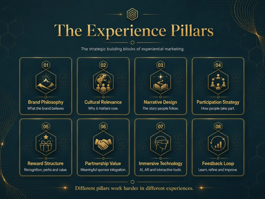 Beehive Elder experiential marketing pillars infographic showing brand philosophy, cultural relevance, narrative design, participation strategy, reward structure, partnership value, immersive technology and feedback loop.